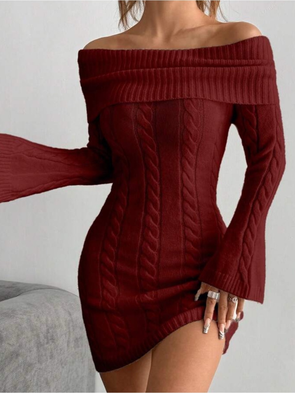 SHEIN Off-Shoulder Cable Knit Mini Dress in Burgundy